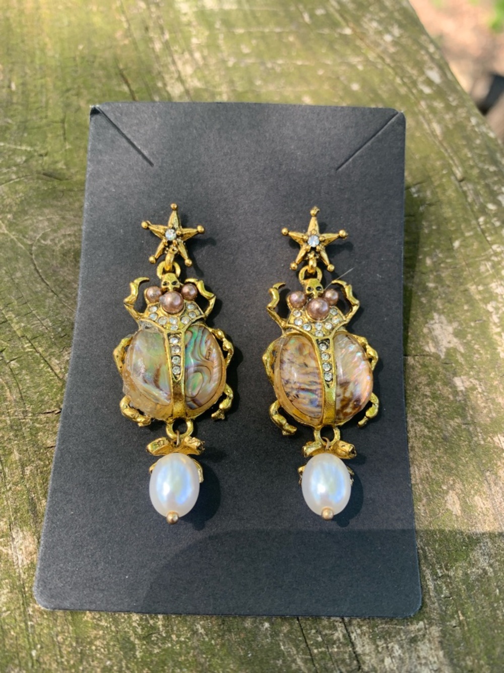 NWT Anthropologie Gold Beetle Drop Earrings with Iridescent Abalone and Pearl